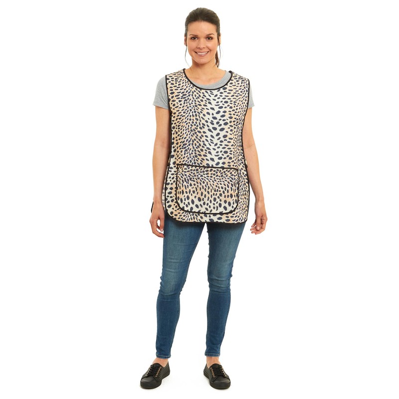 Ladies Leopard Design With Piping Tabard Apron Overalls Front Pocket
