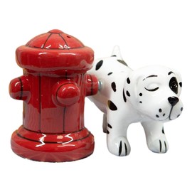 Peeing Dalmatian With Fire Hydrant Ceramic Salt Pepper Shaker Magnetic Set Figurines