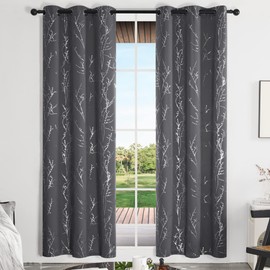 Deconovo Blackout Grommet Silver Pattern Printed Curtains, Dark Grey/Silver Tree Branch, 42W x 84L