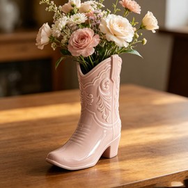 LUUDYOTU 9.13 Inch Pink Ceramic Cowgirl Boot Vase, Unique Western Style Cowboy Boot Vase for Modern Country Home Decor, Wedding Table Centerpiece, Living Room, Bedroom, Office, Gift for Women