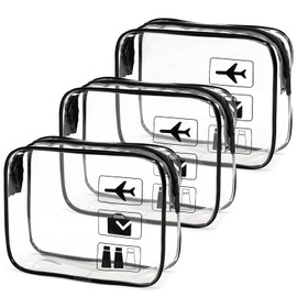 Clear Toiletry Bags, Airport Approved, 20 x 15 x 6 cm with Leak-proof Zipper, Thickened PVC Cosmetic Bag for Men and Women, Travel Essentials, Pack of 3, Black