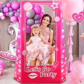Hot Pink Life Size Photo Booth Box, 4.5 FT Tall Cardboard Cutout Prop Box with Fixed Bracket for Birthday Party, Photoshoot, Princess Doll Party Decorations, Let's Go Party Supplies for Girls, Kids