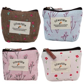 Mini Purse, Pack of 4 Women's Small Purse, Bag with Zip, Cosmetic Bag, Mini Purse, Women's Canvas Coin Purse with Zip and Pattern, for Coins, Cards, Keys