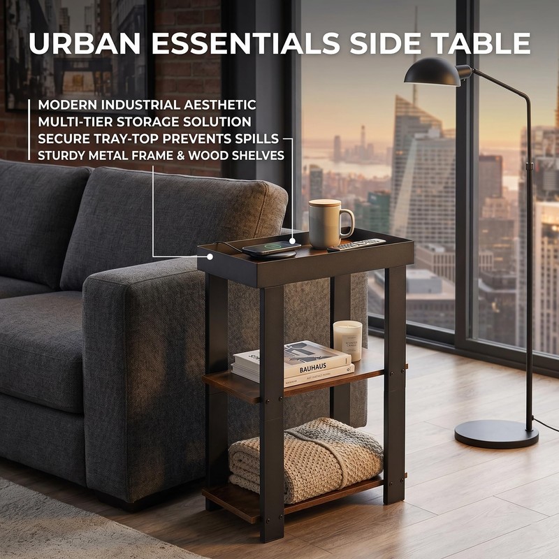 ZEXVIDA Narrow Side Table, 3-Tier Side Table, Rustic Farmhouse Narrow