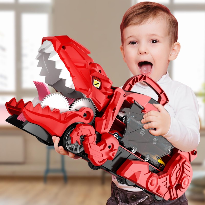 Blmukce Dinosaur Truck Toys with 12 Diecast Racing Cars (Red)