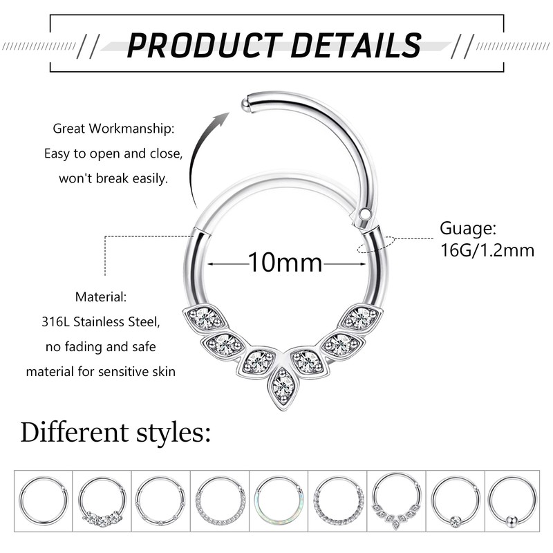 YADOCA 9Pcs 16G Septum Rings Surgical Steel Hoop Nose Rings