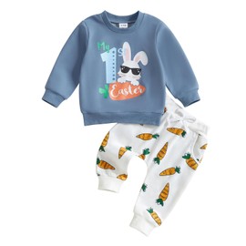 Toddler Baby Boys Easter Outfits Bunny Letter Carrot Print Long Sleeve Sweatshirts Tops Jogger Pants 2Pcs Spring Fall 2Pcs Clothes Set (Blue, 0-6 Months)