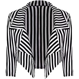 Loxdonz Women's ¾ Sleeves Stripes Print Open Front Waterfall Crop Blazer Jacket Coat (X-Large/US (12-14), Black/White)