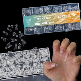 Soft Gel False Nail Tips 600Pcs Half Cover Extra Short Oval Round for Nail Extension Home DIY Manicure Salon Supplies, Pre-shaped Acrylic Clear Press On Nails Women Girls, 12 Sizes, BlueZOO