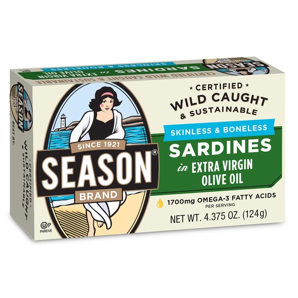 Season skinless & boneless sardines in pure olive oil 4.375 oz. pack of 12