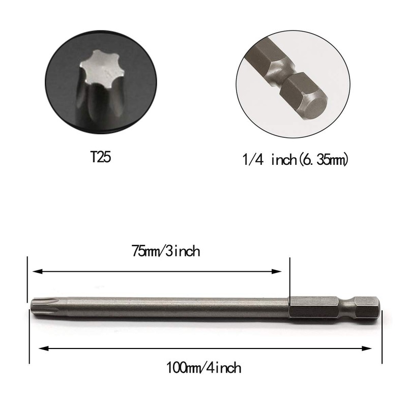 10PCS 4"/100mm T25 Torx Head Screwdriver Bit Set, 1/4 Inch