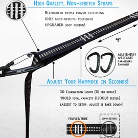 Pro Venture Hammock Straps and 2 Carabiners, 30+2 Loops, 1200lbs Breaking Strength (500lbs Rated) | 100% Non-Stretch, Lightweight, Portable Camping - Quick, Easy Setup | Heavy Duty + Tree Friendly