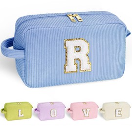 YOOLIFE Teen Girl Gifts Trendy Stuff - Girls Makeup Bag Travel Cosmetic Bag Makeup Brush Bag Toiletry Bag Monogram Makeup Bag Blue Cute Makeup Bag Wedding Bridesmaid Daughter Gifts for Women Letter R