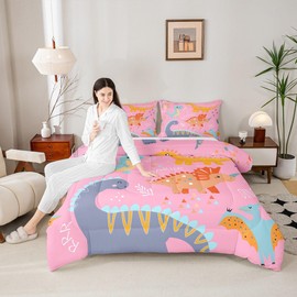 Erosebridal - Juego de ropa de cama de dinosaurio para niños, juego de edredón de 2 piezas para niñas, edredón de animales de dibujos animados rosa Kawaii Little Dino, relleno de edredón para todas