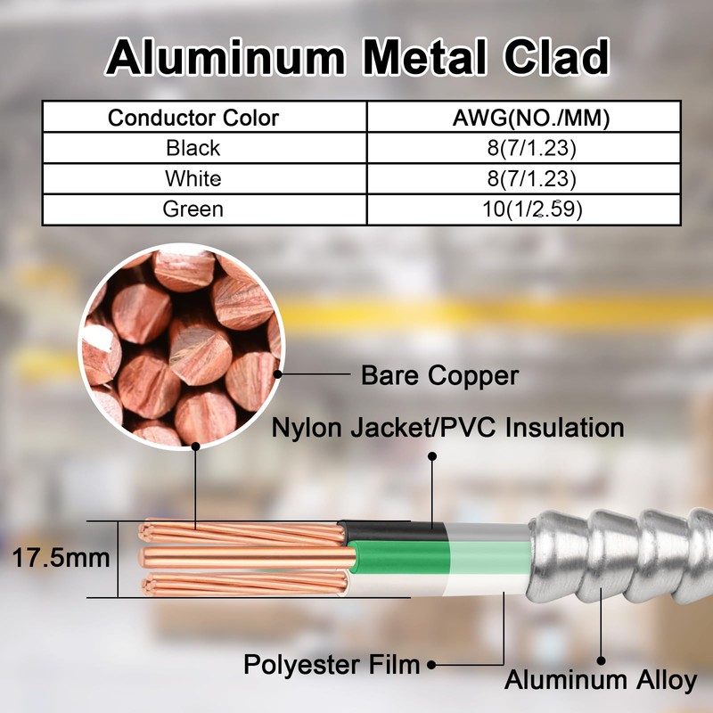 8/2 Metal Clad (MC) Cable with Ground 10ft, 8 Gauge