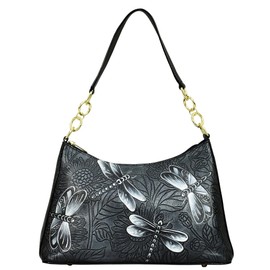Anuschka Women’s Hand-Painted Genuine Leather Hobo with Chain Strap - Tooled Dragonfly Meadow