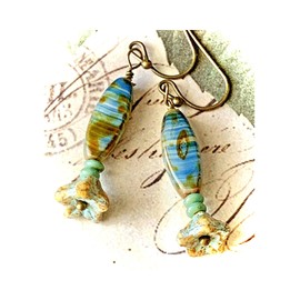 Bronze, Blue Green and Rustic Dune Czech Glass Flowers Bloom Jewelry Earrings for Women #3298FE3987