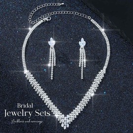 Aukmla Bridal Jewelry Set Silver Rhinestones Bride Wedding Necklace Earring Sets Prom Necklaces for Women (Silver)