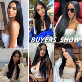 PORSMEER Women's Black Long Straight Wigs for Women Girls Black Straight Middle Parting Wig Heat Resistant Synthetic Hair Wig for Daily Party Costume 24 Inches