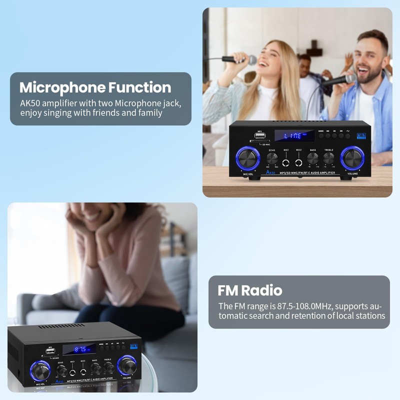 AK-50 Bluetooth5.0 Audio Amplifiers Home Stereo Amp 60WX2 Max.400W Output