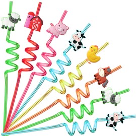 AFZMON Farm Animal Party Favors Silly Plastic Straws Bulk, 24Pcs Farmyard Straws for Kids Toddlers Barnyard First Rodeo Birthday Decorations Party Goodie Bags Stuffers Classroom Gifts