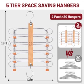 Outink 2 Pack Skirt Hangers with Clips, Space Saving Beechwood 5 Tier Pants Hangers with 360° Swivel Hook, Closet Organizer for Skirts, Pants, Tank Top-College Dorm Room Essentials (Wood Color)
