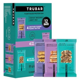 TRUBAR Paquete variado de barras de proteína vegana, sabores variados: mantequilla de cacahuete, macchiato, masa de galleta, sin gluten, snacks proteicos veganos, 12 g de proteína vegetal.