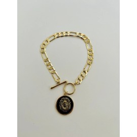 Nice Gold Figaro Link Chain Bracelet Lion Head Charm Emblem Deluxe Design Jewelry