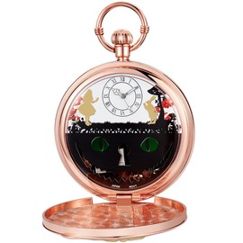 Tiong Alice Pocket Watch Music Box Hand Crank Playing Music Watch with Chain for Girls Unique Quartz Pocket Watches