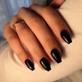 SXVME Black False Nails Coffin Medium Short Press on Nails Glossy Gel Full Cover Fake Nails for Women, Short Ballerina Acrylic Nails for Daily Wear 24 Pcs