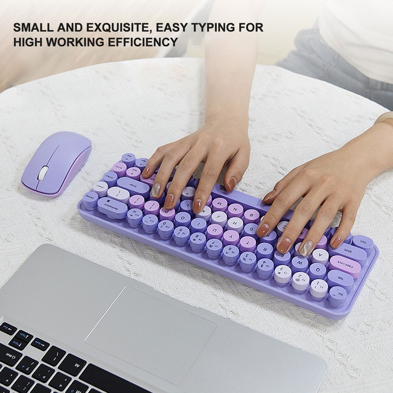 Keyboard Mouse Combo 2.4GHz Wireless Cute Retro 68 Round Keycaps