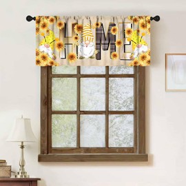 Sunflower Kitchen Curtains,Vintage Farmhouse Yellow Sunflower Bee Gnomes Country Floral Buffalo Plaid Edge Window Treatments Valances for Bedroom Living Room Bathroom Cafe 1 Piece,54x18 Inch