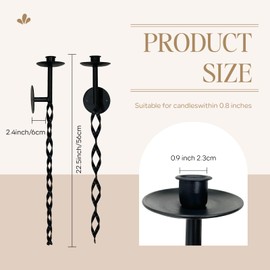 Glamativity Large 2 Pcs Black Metal Wall Long Candle Holders Twisted Sconces Décor, 22.5 x 2.4'' Retro Chic Wall Sconces Candle Holder Decoration, Wall Mount Metal Candlestick Holder for Living Room