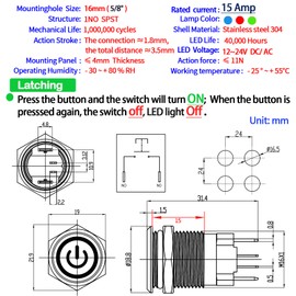 15Amp 16mm Latching Push Button Switch IP67 Waterproof, SPST 1NO, with LED Angel Eye Light, Stainless Steel 304 with Wire Socket Power Button 5/8" 12V-24VDC