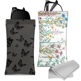 Deokke Pack of 2 Soft Glasses Case, PU Leather Soft Glasses Case, Glasses, Sunglasses, Bag, Portable, Squeeze, Soft Leather with Cleaning Cloth, Nice for Women, Men, Girls, D12-Butterflyflower