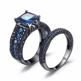 Castillna Black Sterling Silver Princess Cut Created Blue Sapphire Engagement Wedding Bridal Rings Set