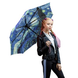 ZOEO - Paraguas de viaje de noche estrellada Van Gogh con pintura al óleo, paraguas de cierre automático, resistente al viento, compacto, plegable, portátil, para niños y mujeres