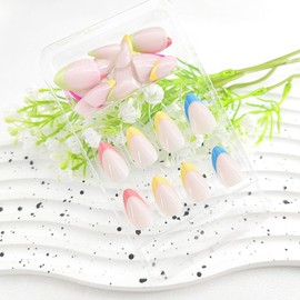 Almond Press on Nails Short Color French Tip Fake Nails Nude Full Cover False Nails Press ons Glossy Glue on Nails with Spring Design Acrylic Nails Cute Artificial Stick on Nails for Women 30Pcs