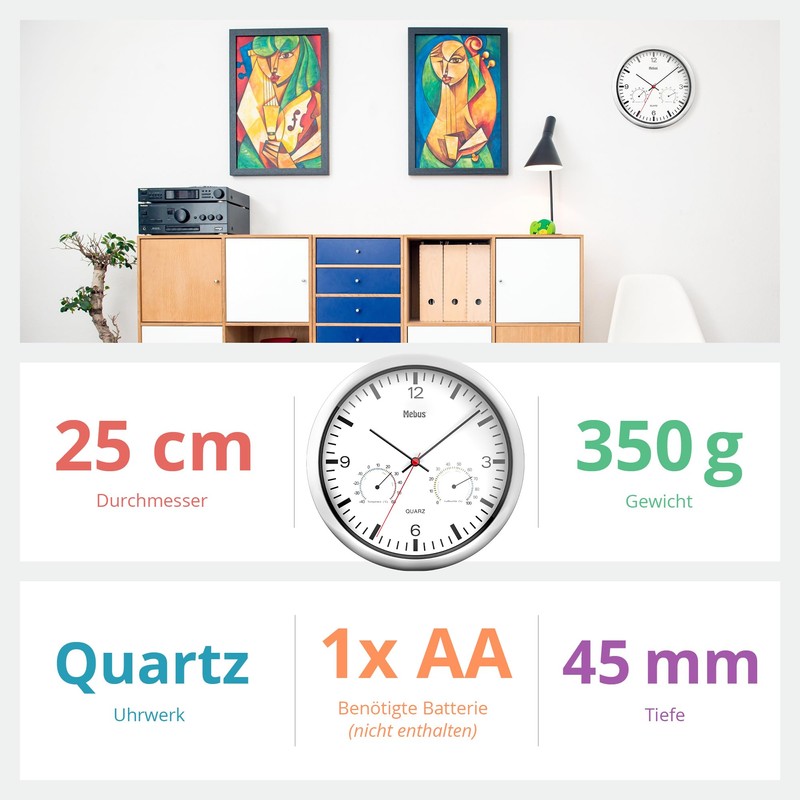 Mebus Quartz Wall Clock with Thermometer and Hygrometer Silver Frame