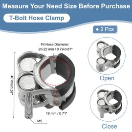 PATIKIL 20-22mm T-Bolt Hose Clamp, 2 Pack Rubber Cushioned Intake Intercooler Pipe Tube Clamps 304 Stainless Steel Radiator Hose Clamp for 0.79"-0.87" Pipe