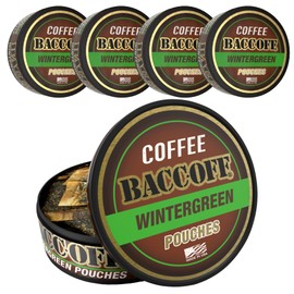 5 Cans, BaccOff Wintergreen Coffee Pouches, 50 MG of Caffeine Per Serving, Wintergreen and Robust Coffee Flavors, 16 Pouches Per Can