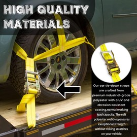 VONLX Car Tie Downs Straps for Trailers 4 Pack, Flat Hook Lasso Style and 2'' x 96'' Tire Tie Downs for Car Trailers, Easily Secure Tire Tie Downs for Any Car, UTV, SUV, Jeep, or Sports Car, Yellow