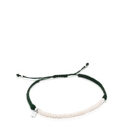TOUS Women's Green Nylon Cultured Pearl Bracelet with Bear Motif in Sterling Silver, 0.2 cm, Combinable and Versatile, Color AG Collection