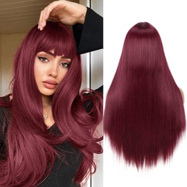 WIGER Long Wine Red Wigs with Bangs Straight Dark Red Hair Wig for Women Long Bangs wig Full Burgundy Cosplay Wig for Girls Synthetic Colored Hair for Daily or Costumes