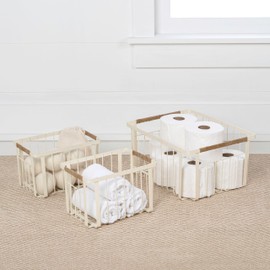 happimess BSK3003C-3SET Henley Vintage Farmhouse Wire Metal Nesting Storage Baskets with Jute Wrapped Handles for Shelves, Cabinets, Pantry, Countertop, Mesh Open Bin Basket, Almond (Set of 3)