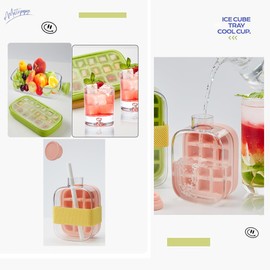 Ice Cube Bottle with Straw, 2 In1 Touch-Free Ice Cube Tray and Water Bottle, 2025 New One Touch Ice Release & No Need to Touch Easy to Carry, for Juice, Coffee and Other Beverages (Green)