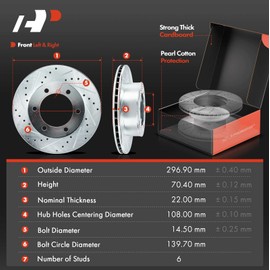 A-Premium 11.69 inch (296.8mm) Front Drilled and Slotted Disc Brake Rotors + Ceramic Pads Kit Compatible with Select Toyota Models - Tacoma 1995-1998/2004, 4Runner 1996-2002, 6-PC Set