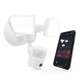 GLOBE Electric 180-Degree 26W Twin Head White Wi-Fi Smart 2200 Lumens 1080p Hardwired LED Motion Security Video Light with Audible Alarm, No Hub Required, Outside House Lights