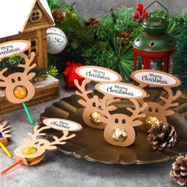 Bucherry 100 Pcs Christmas Lollipop Paper Cards Cartoon Reindeer Candy Holders with Glue Points Xmas Elk Sugar-Loaf Candy Wrapping Decorations for Party Favor Supplies