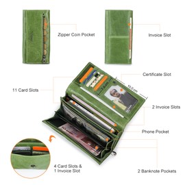 Contacts Women Genuine Leather Card Coin Phone Holder Zipper Clutch Purse Purse, Green, Casual